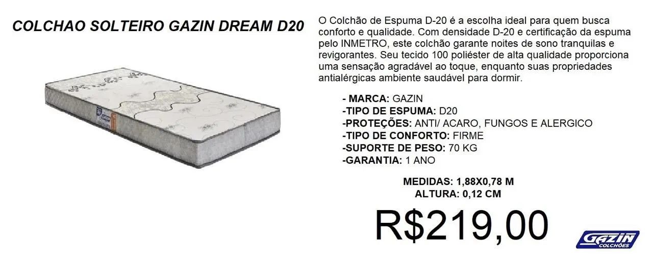 Colchão Solteiro Gazin Dream D20