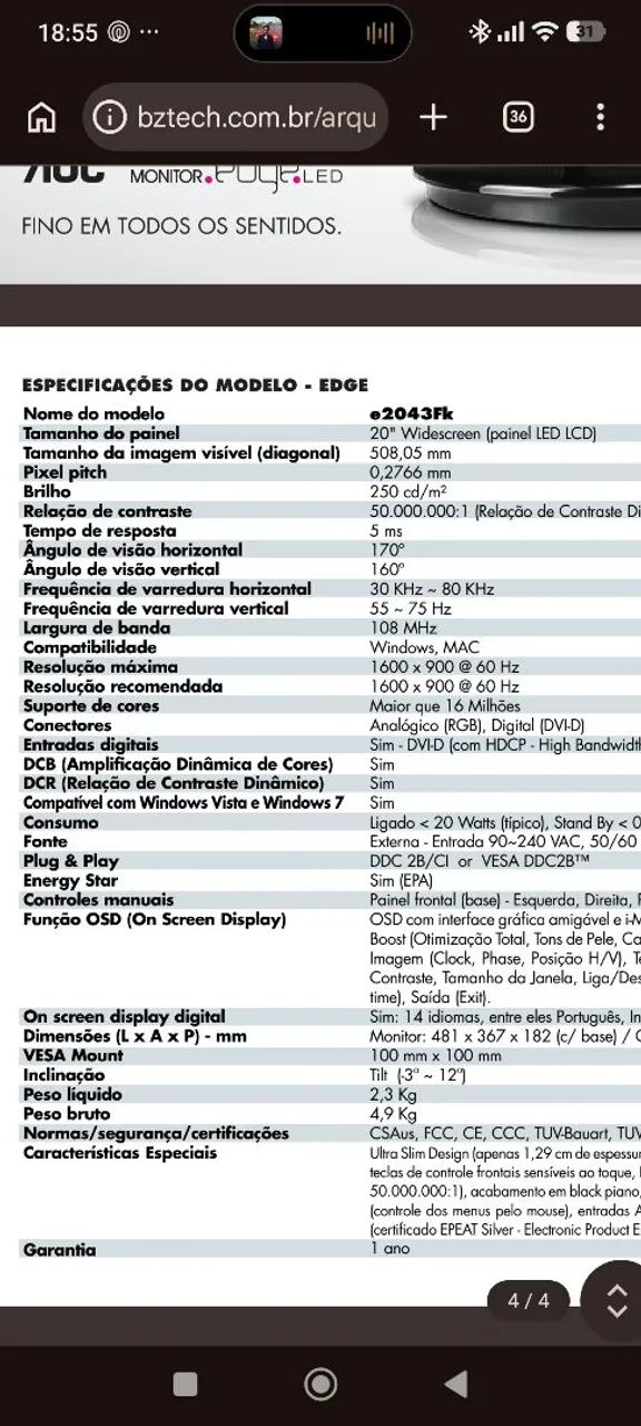 Monitor AOC 20 Polegadas  - Foto 4