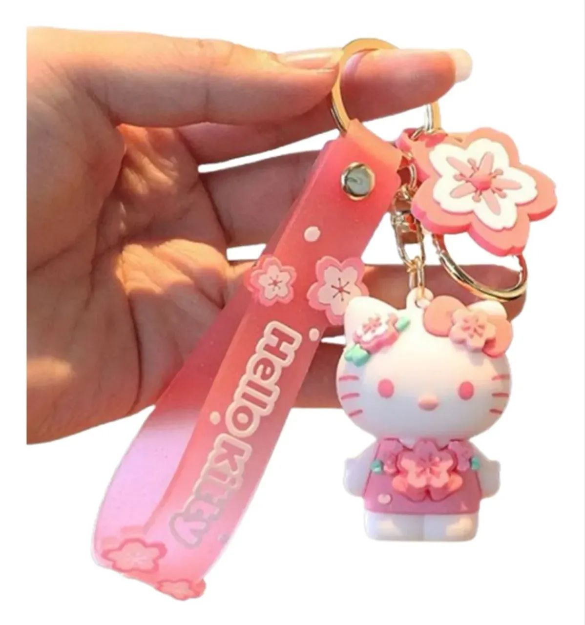 Chaveiro Hello Kitty Sakura, 3d, 5cm X 3,5cm, Com Alça Rosa Com Detalhes Brancos
