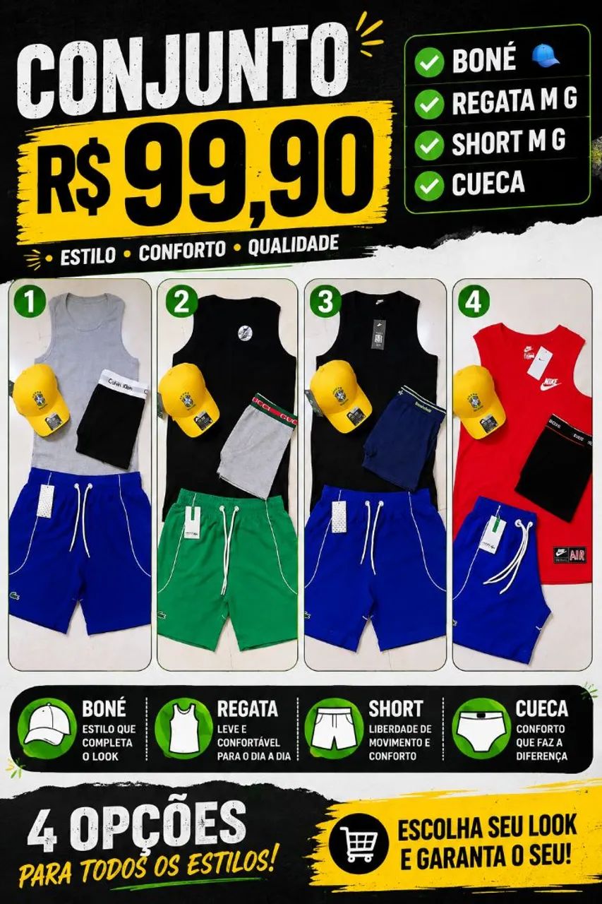 Conjuntos camisa boné short e cueca 
