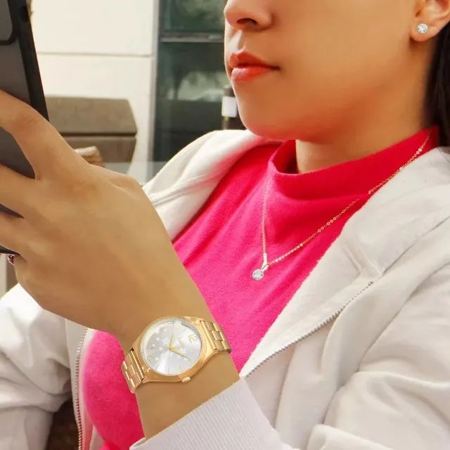 Relógio Condor Feminino Dourado Prova d'água com 1 ano de garantia + Conjunto