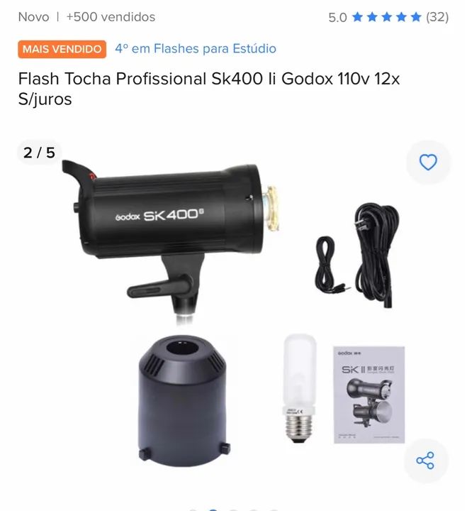 Flash Tocha Profissional Sk400 li Godox 110v 12x S/juros - Foto 3