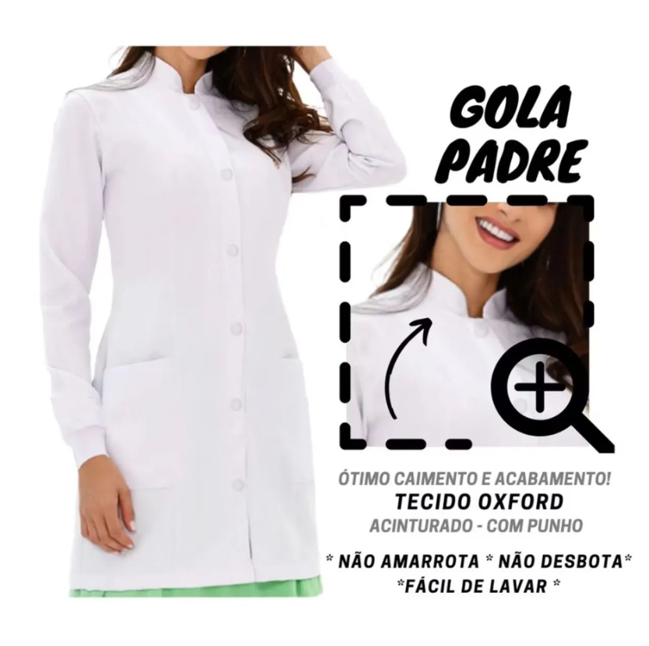 Jaleco Branco Gola Padre - Tecido Oxford - Novo