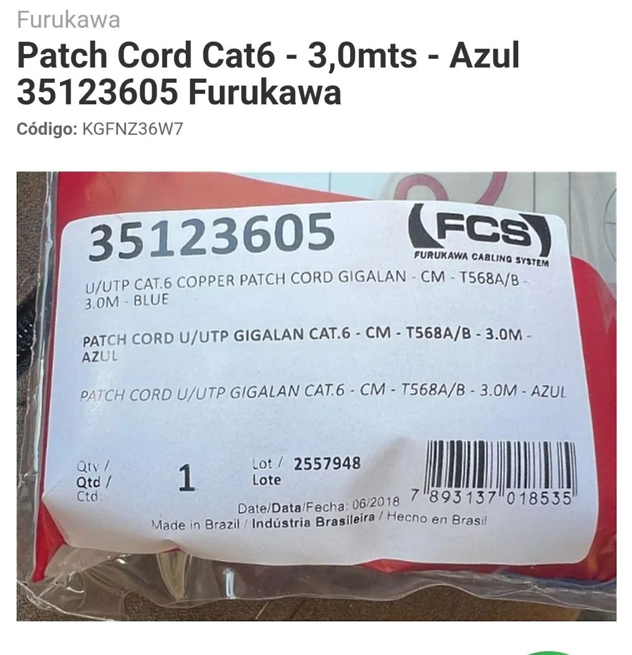 Patch Cord Cat6 - 3,0mts - Azul Furukawa - Foto 2