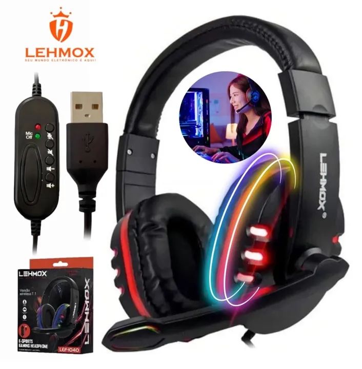 Headset Gamer LEHMOX LEF-1040 com Microfone e LED RGB