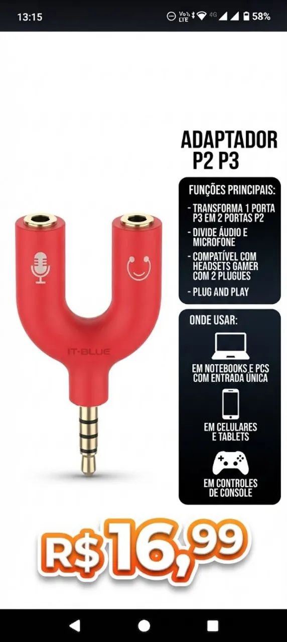 Adaptador P2 em Y