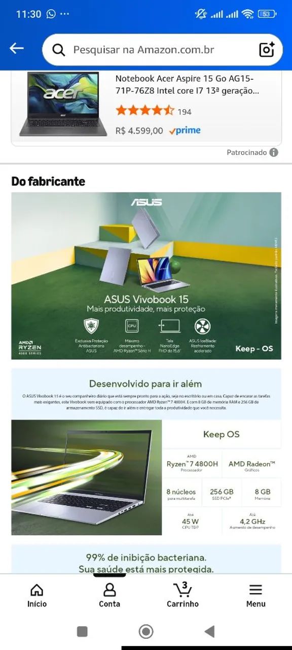 Notebook Asus vivobook 8gb 256 - Foto 2