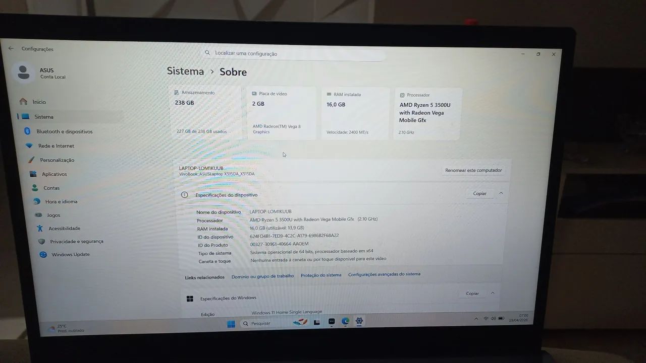 Notebook Asus Ryzen 5 3500U/ 16GB RAM/ 238GB - Notebooks