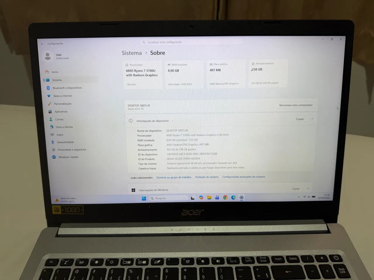 Vendo notebook  :Acer Aspire A515-45