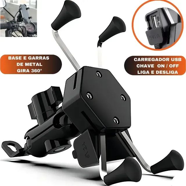 SUPORTE X DE MOTO RETROVISOR EM GARRA COM CARREGADOR PARA CELULAR
