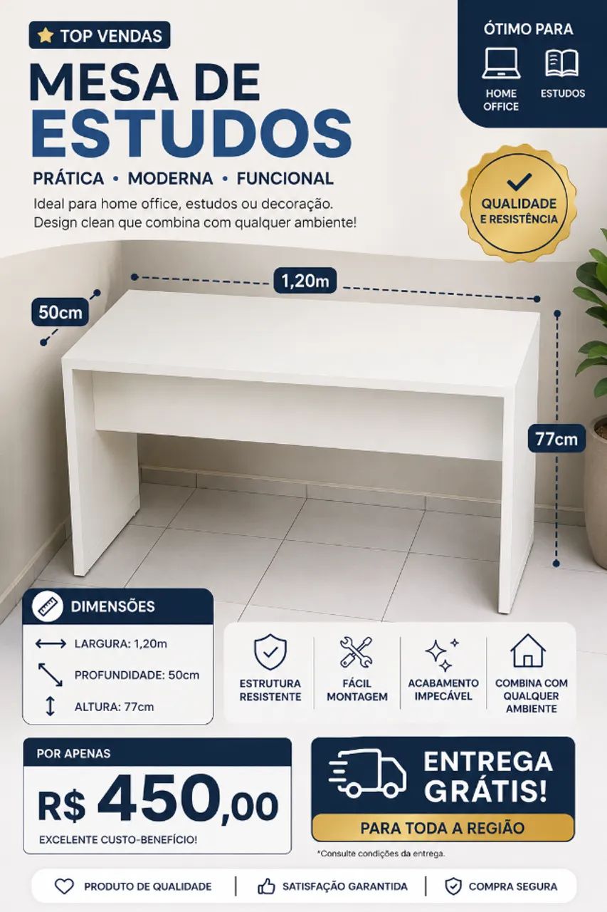 Mesa de Estudos 1,20m Branca - Promoção com Entrega Grátis 