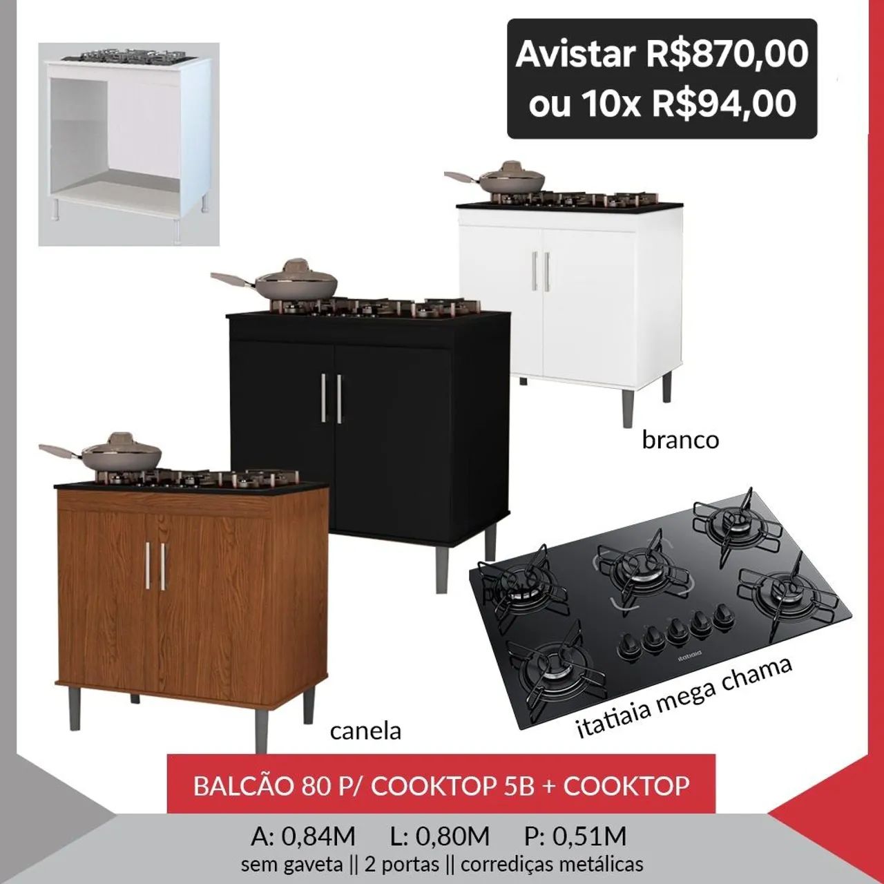 Balcão 80 cm com Cooktop 5 Bocas Itatiaia