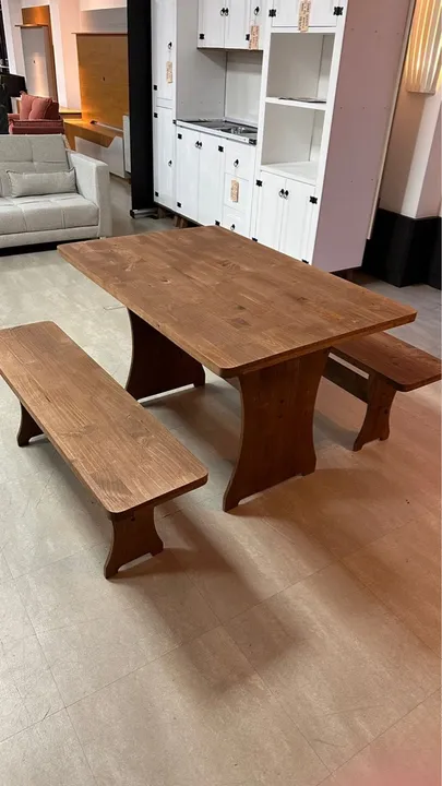 Mesa de madeira para área de festas + 2 bancos nova a pronta entrega