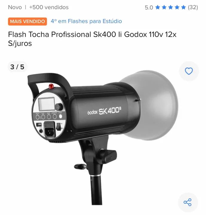 Flash Tocha Profissional Sk400 li Godox 110v 12x S/juros - Foto 4