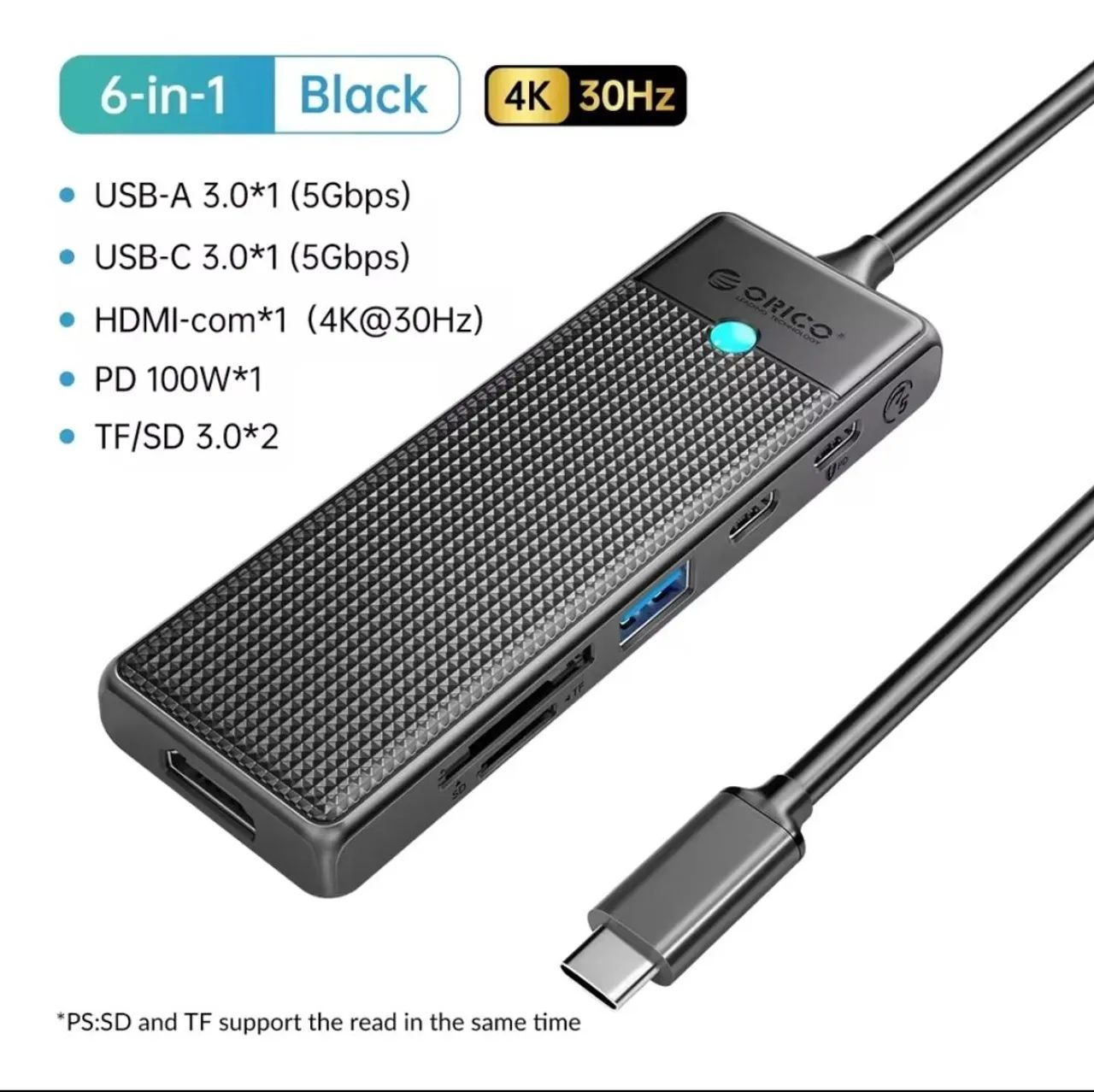 Hub USB-C 6 em 1 com Saída HDMI 4K 30Hz Orico 