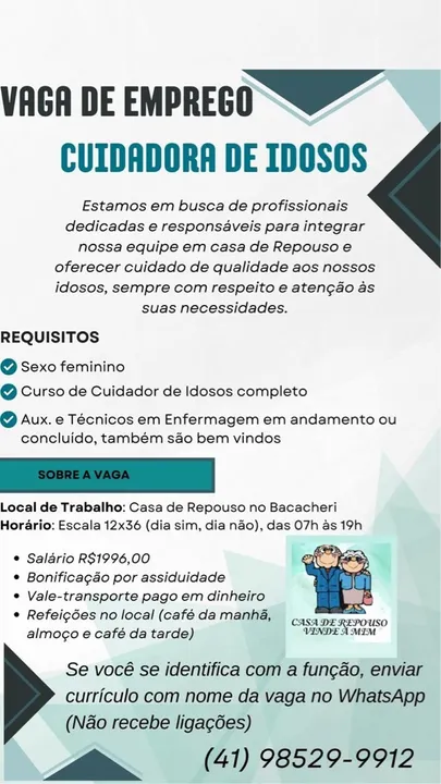 Cuidadora de Idosos para casa de repouso