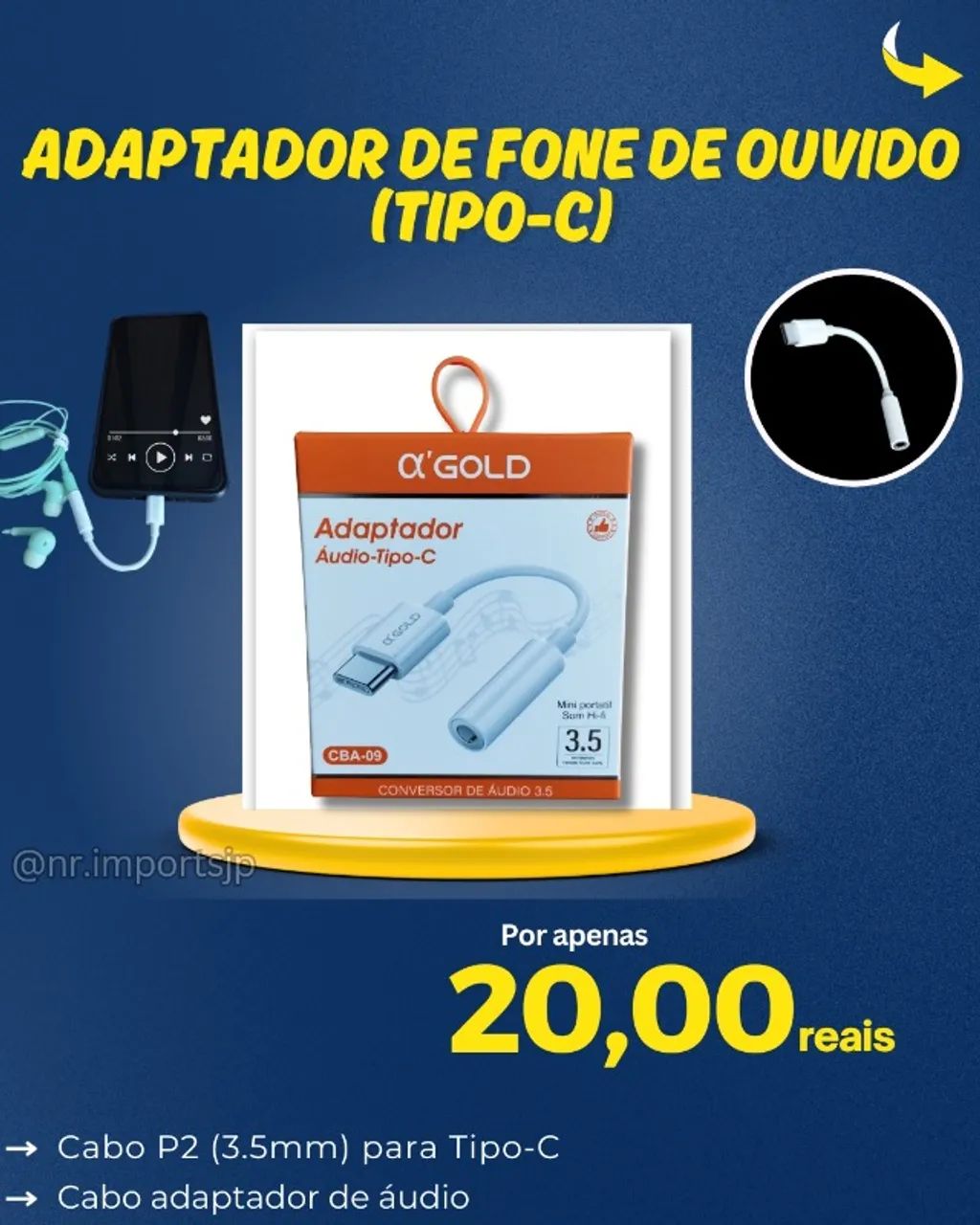 Adaptador de Fone de Ouvido Tipo-C para P2 (3.5mm)