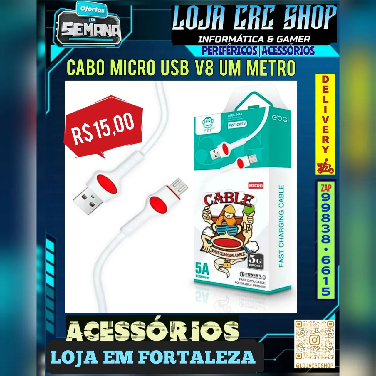 Cabo Reforçado FZF Micro USB V8 Um Metro