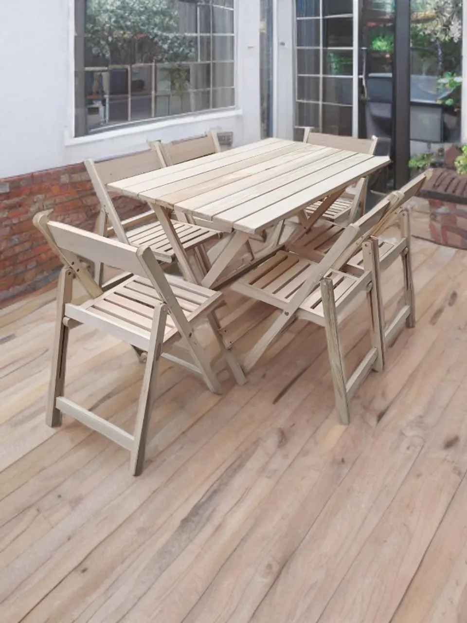 Conjunto de mesa dobrável 1,20 x 65 com 6 cadeiras madeira de Eucalipto Crua