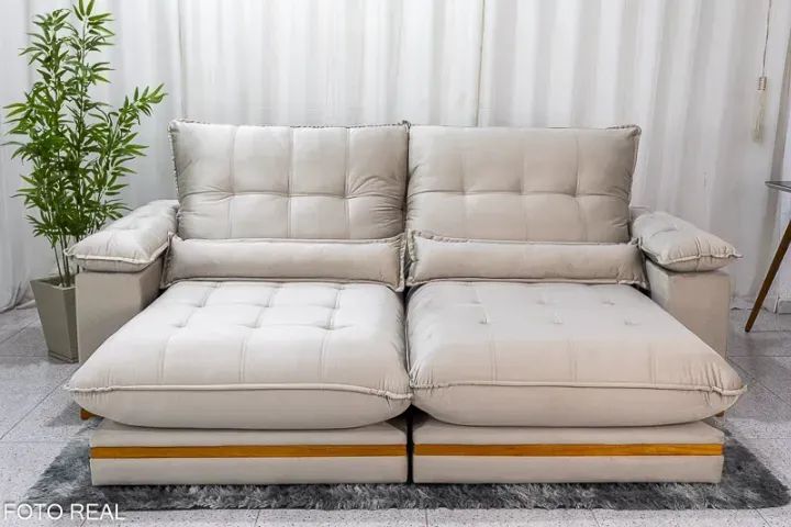 Sofá Retrátil Reclinável 2.50m Veludo Bege 818 - D33 e Molas Ensacadas