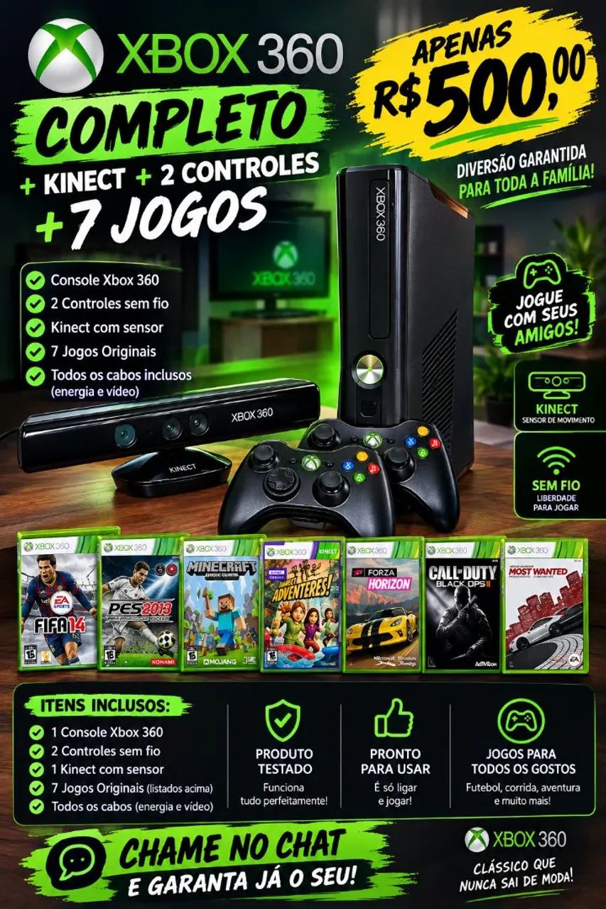 Xbox 360 Completo + Kinect + 2 Controles 