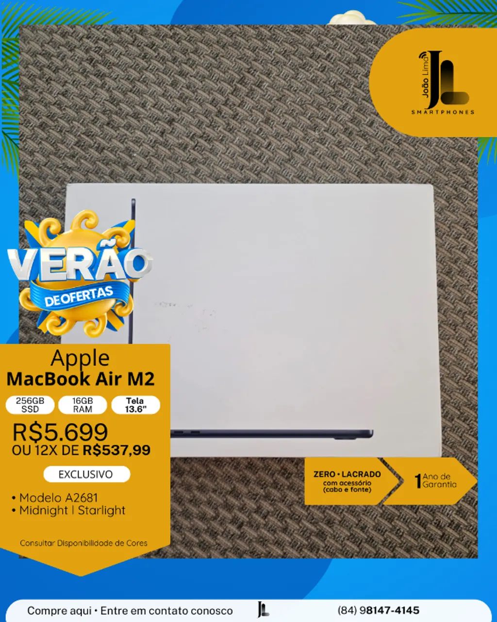 MACBOOK AIR M2, 256GB, 16GB RAM, TELA 13.6 POL., LACRADO