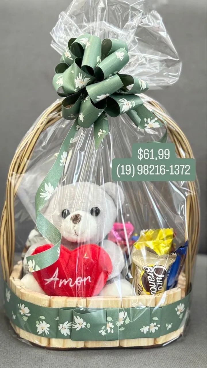 Cesta chocolate e pelúcia 