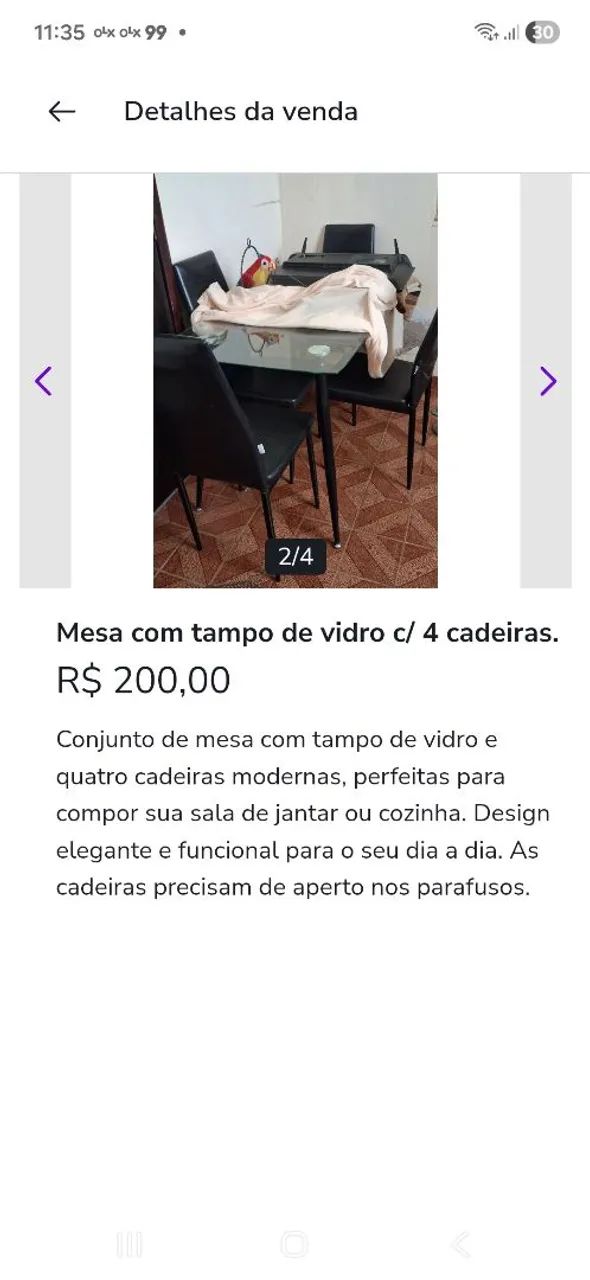 Mesa de vidro mais 4 cadeiras