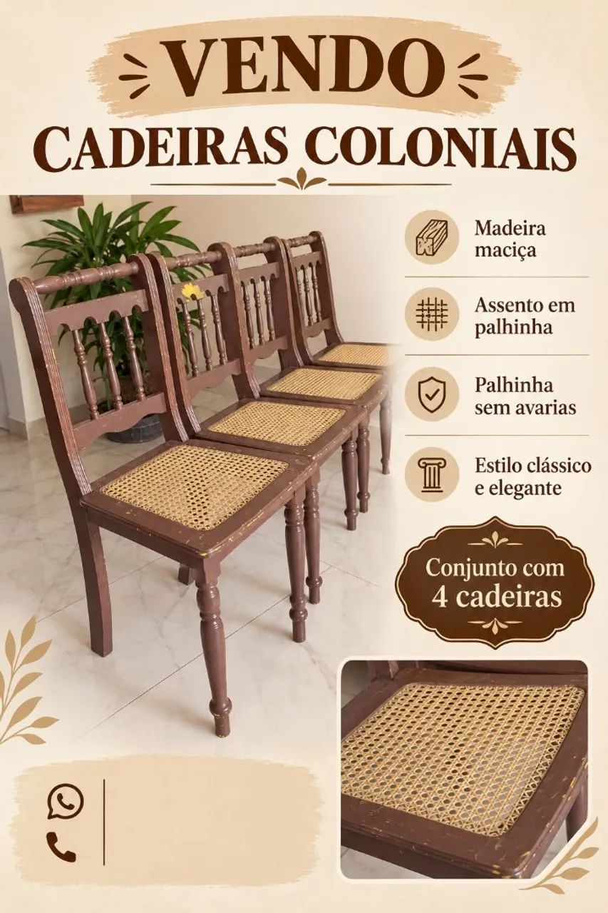4 Cadeira colonial com acento de palhinha