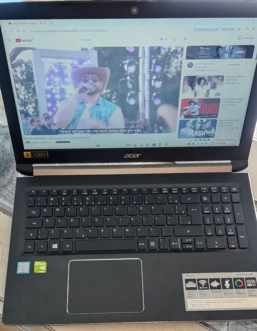 Notebook Acer processador i7 com placa de vídeo 8gb de memória 