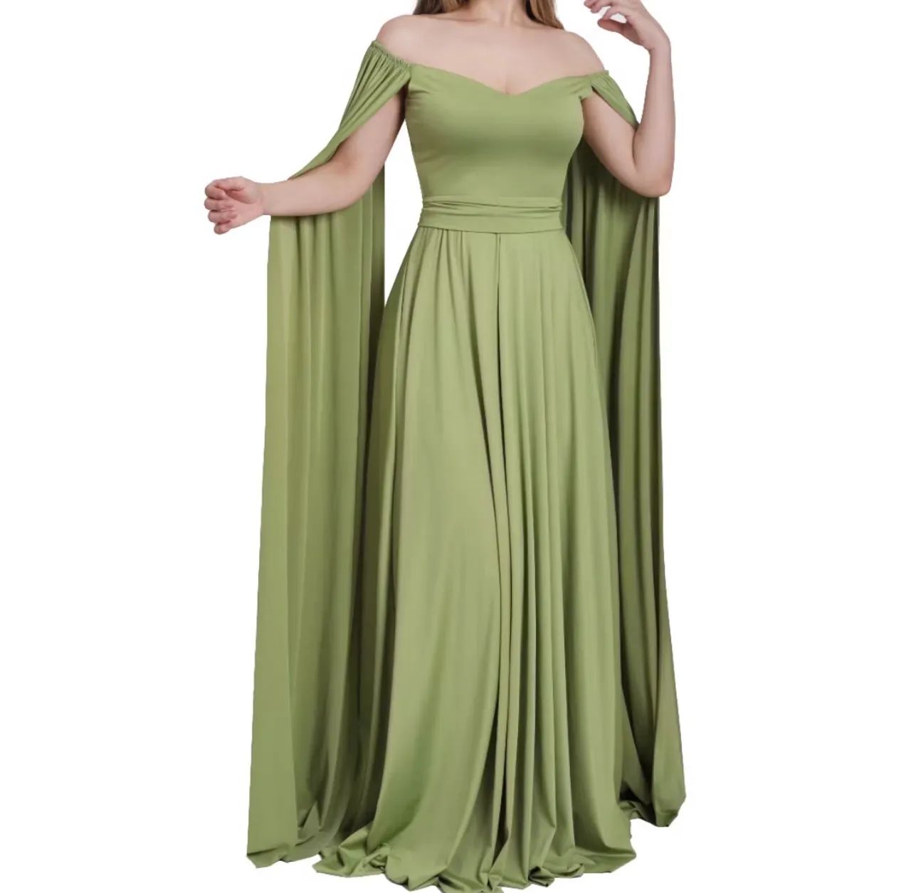 Vestido Longo Decote Princesa Com Manga Capa 062