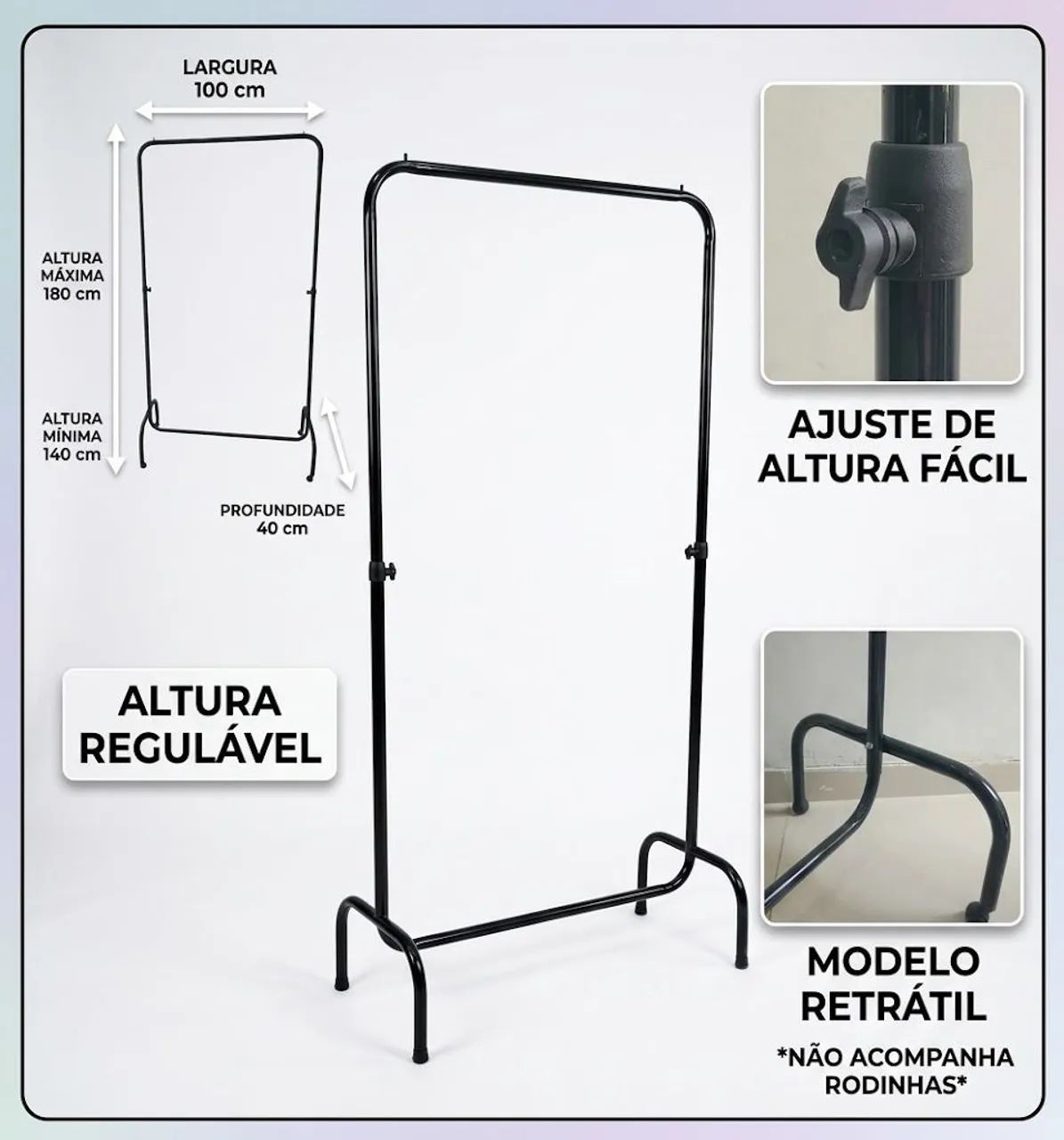 Arara retrátil de 1m Preta (sem rodinhas) - Foto 5