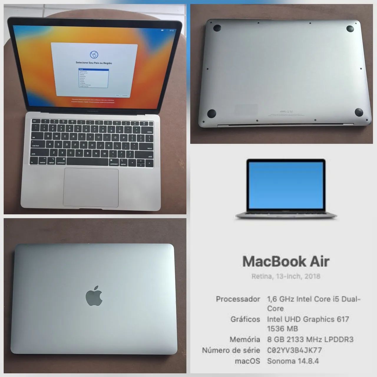 Macbook Air Retina 13-inch 2018<br>Processador: Core i5<br>Memória