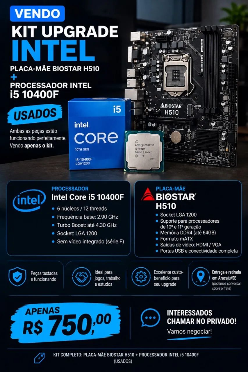 Placa mãe H510 biostar e Processador i5 10400f
