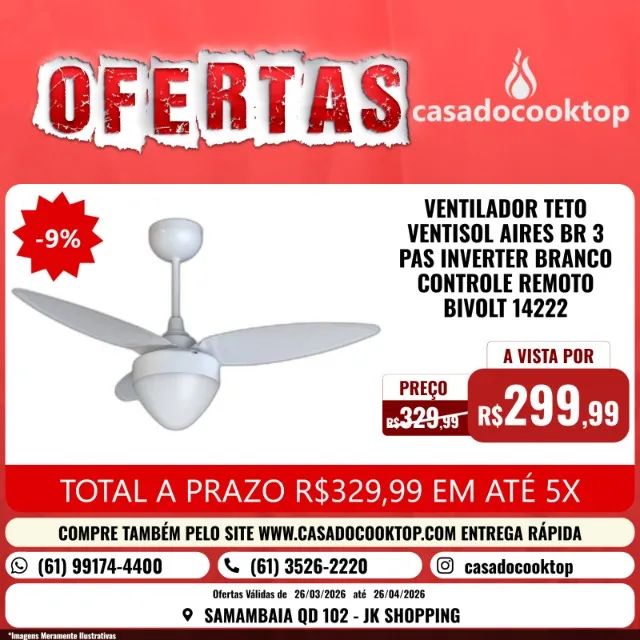 VENTILADOR TETO VENTISOL AIRES BR 3 PAS INVERTER BRANCO CONTROLE REMOTO BIVOLT 14222