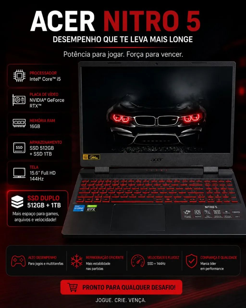 Notebook gamer Nitro 5 - 16RAM 1,5TB RTX 3050.