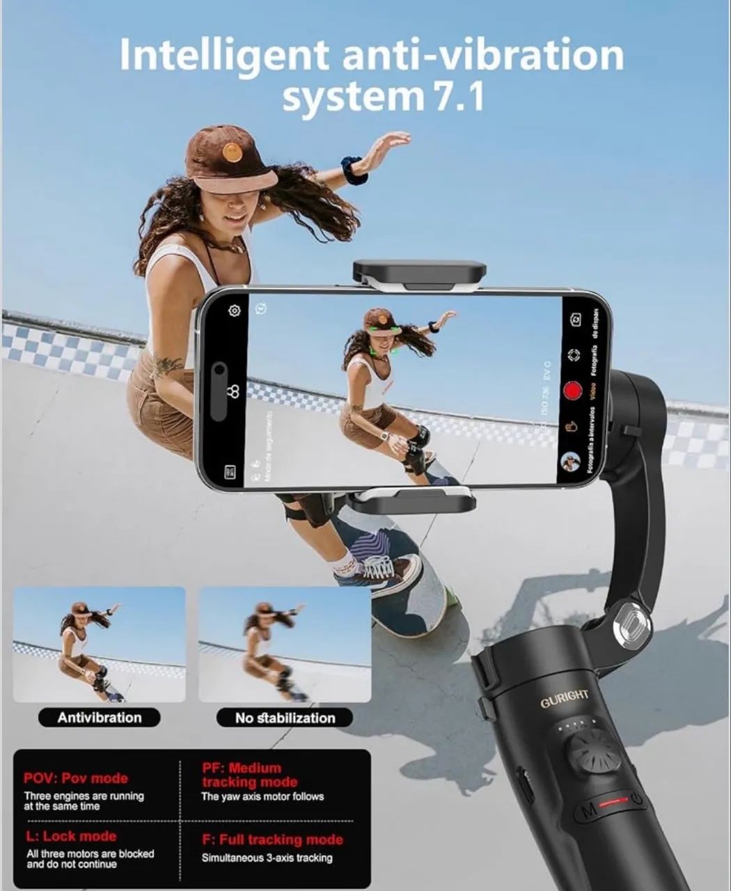 Gimbal AI Estabilizador 3 Eixos GURIGHT M2 para iPhone e Android - Foto 5