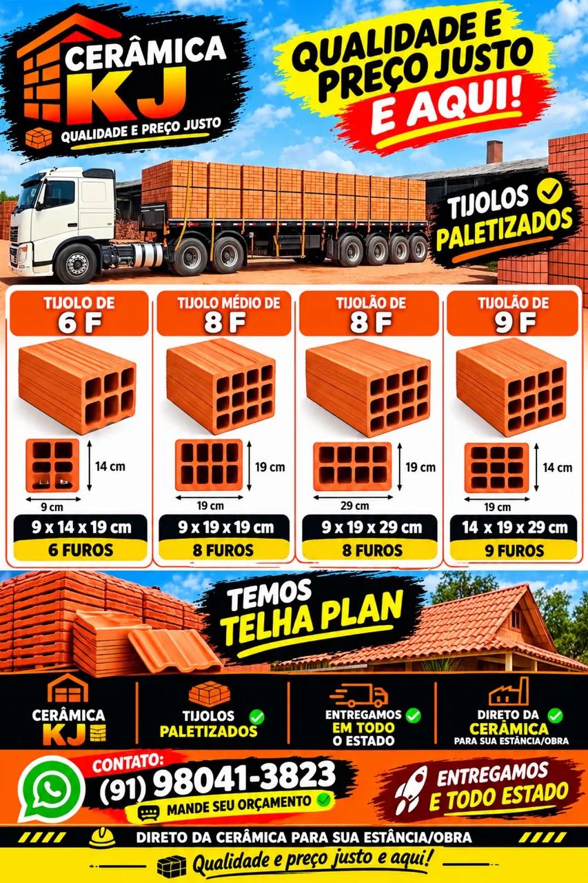 Tijolos e telhas direto da cerâmica 