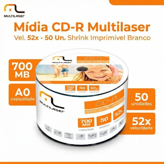 Mídia CD-R Vel. 52x 700MB 50 Un. Shrink Imprimível Branco CD052