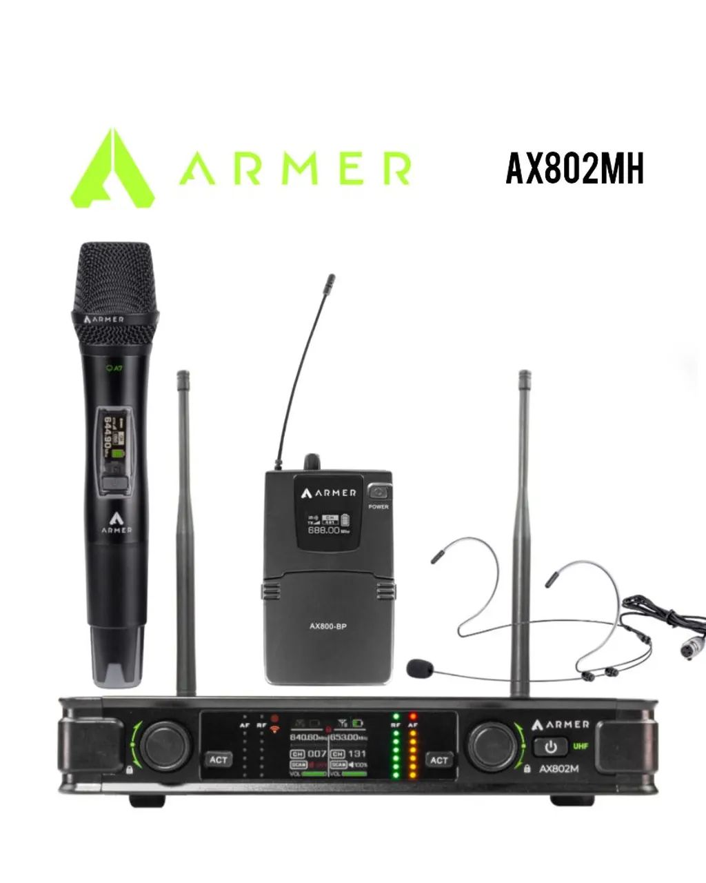 Microfone sem Fio Profissional Duplo Bastão + Headset Armer AX802MH