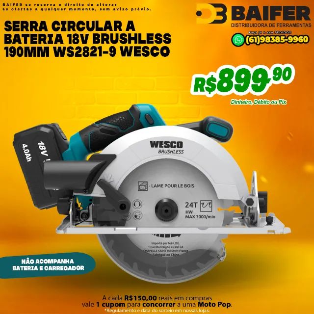 Serra Circular a Bateria 18V Brushless 190mm WS2821-9 Wesco