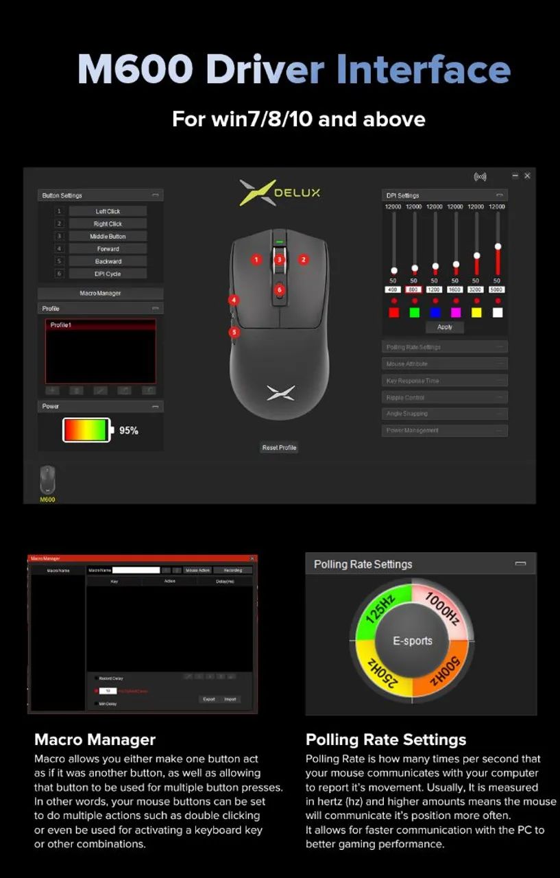  Delux M600 Série Mouse para jogos sem fio 52g Leve 2.4G Conexão de modo duplo 26000DPI  - Foto 5