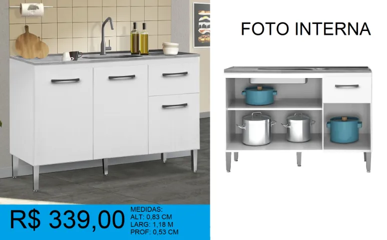 Balcão para pia de 1,20 branco - a pronta entrega