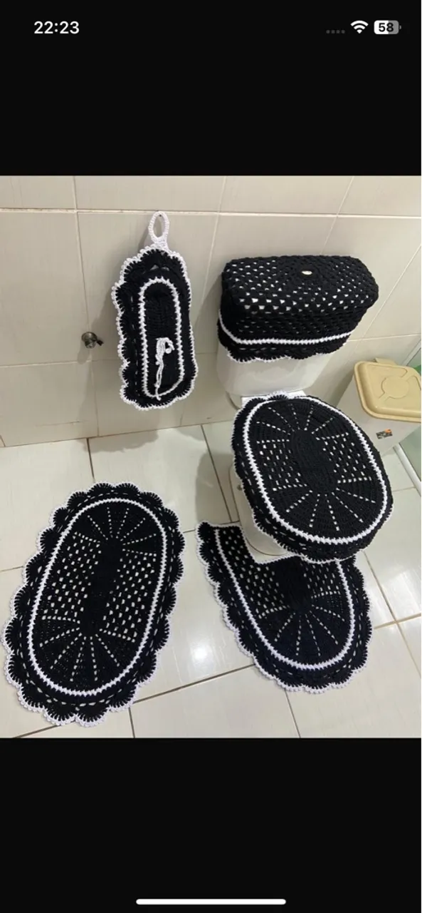 Jogo banheiro crochê preto e branco