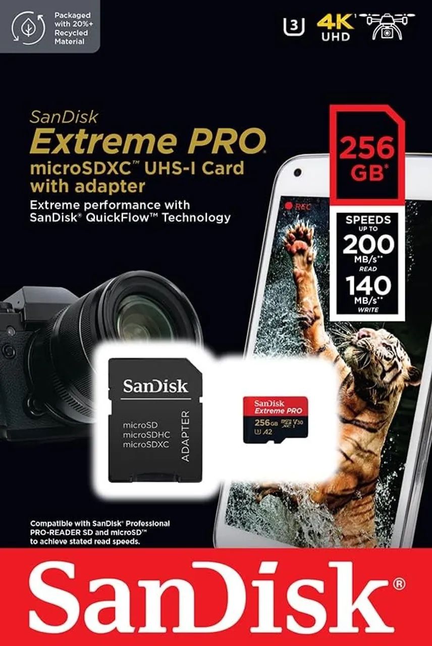 Cartão Original Micro Sd Xc 256GB SanDisk Extreme Pro A2 V30 U3 200Mb/s 4k Go Pro Drone