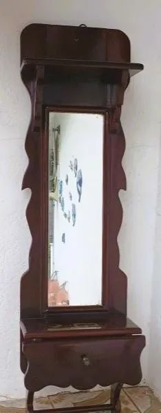 Pequeno Móvel Parede Madeira maciça laqueada com espelho prateleira gaveta porta toalha * 