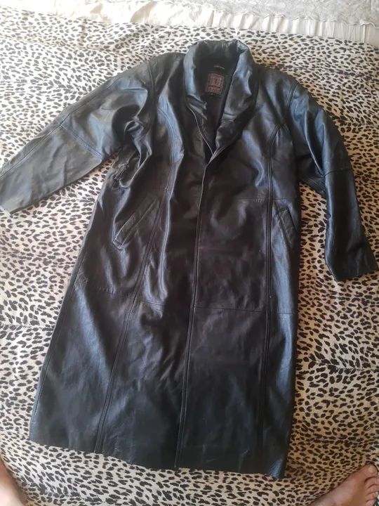 Casaco sobretudo de Couro masculino Longo Preto - Foto 2