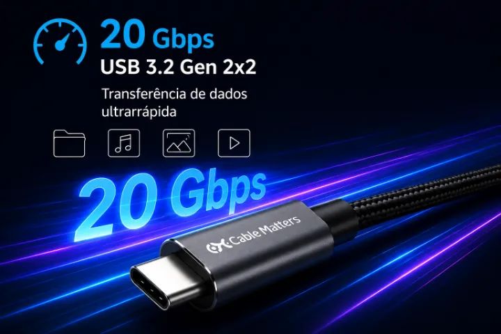 Cabo 20Gbps Celular Notebook PC Tablet USB-C Para USB-C 240W 8K 1,8m Cable Matters Lacrado - Foto 4