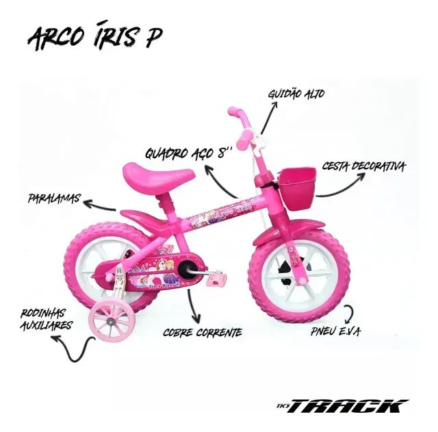 Bicicleta Infantil Track Arco Íris Aro 12 Rosa com Rodinhas - Foto 3
