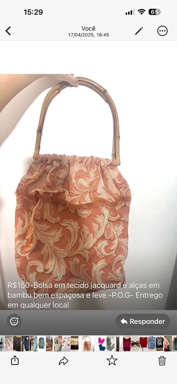 Bolsa em tecido jacquard e alças em bambu bem espaçosa e leve 